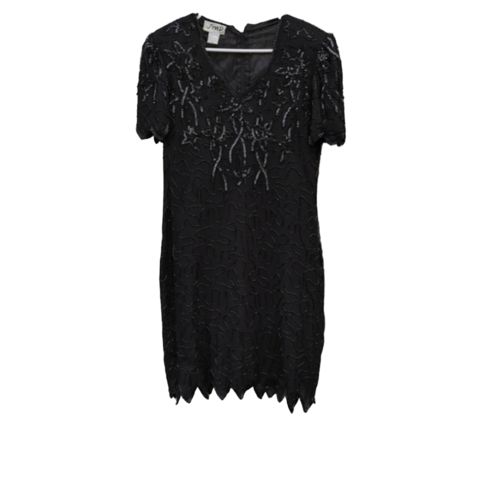 JMD New York Dress Beaded Sequin V-Neck Key Hole Back Evening Black Plus…